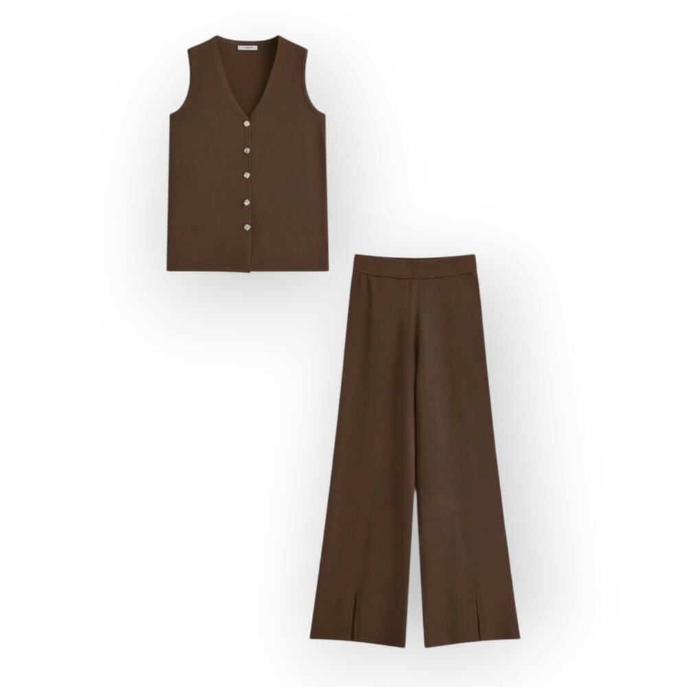 Commense Brown Knit Vest & Wide Leg Pants Set Gold Button Lounge Set NWT XL - Picture 2 of 7